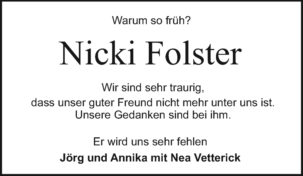  Traueranzeige für Nicki Folster vom 17.05.2025 aus Holsteinischer Courier