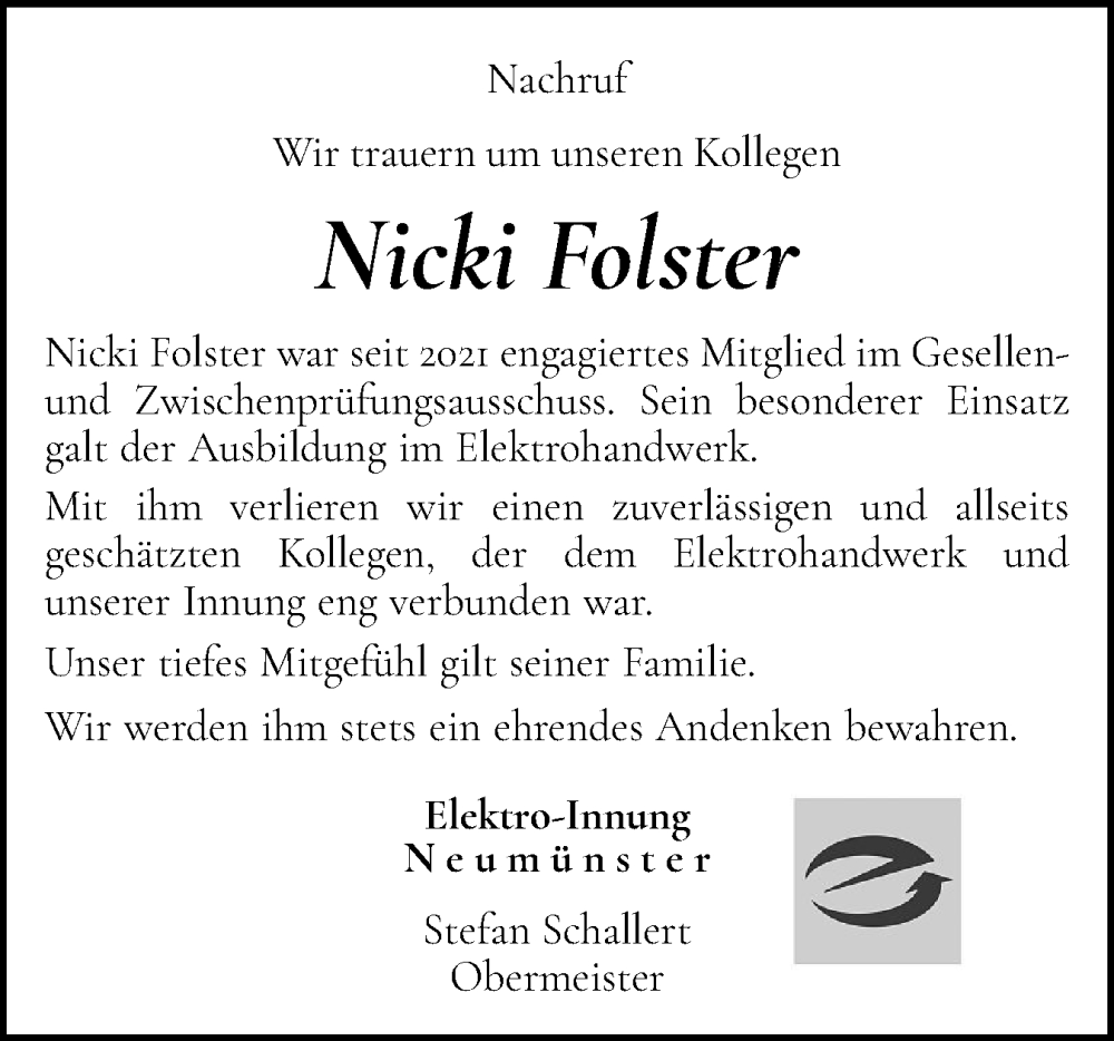  Traueranzeige für Nicki Folster vom 17.05.2025 aus Holsteinischer Courier