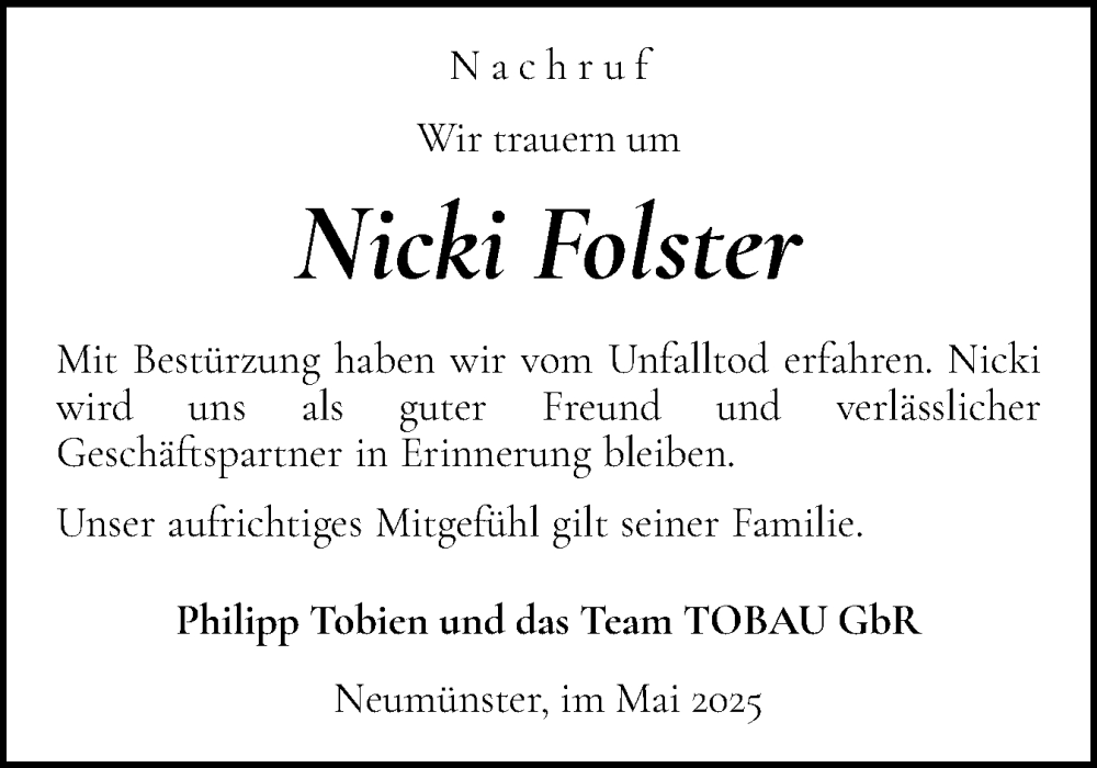  Traueranzeige für Nicki Folster vom 20.05.2025 aus Holsteinischer Courier