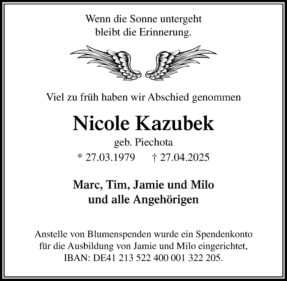  Traueranzeige für Nicole Kazubek vom 24.05.2025 aus MARKT Bad Oldesloe/Reinfeld und Stormarner Tageblatt