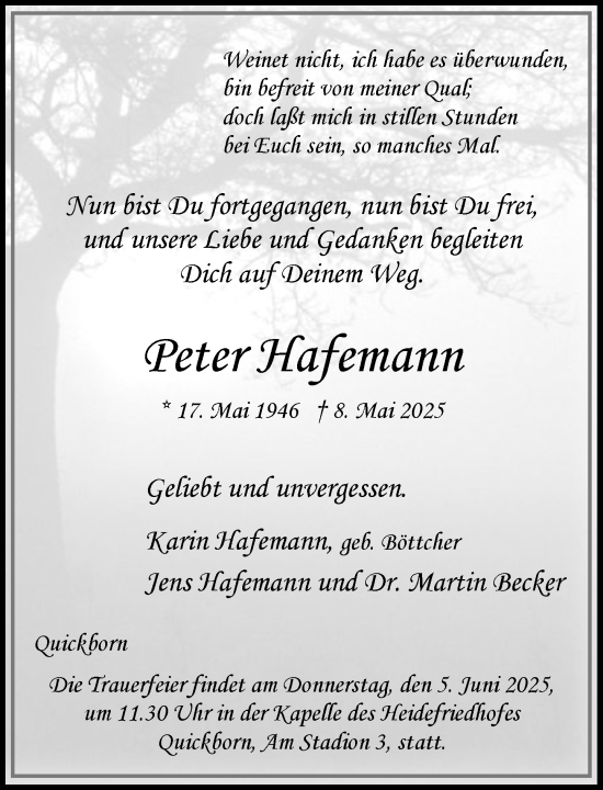 Traueranzeige von Peter Hafemann von Umschau
