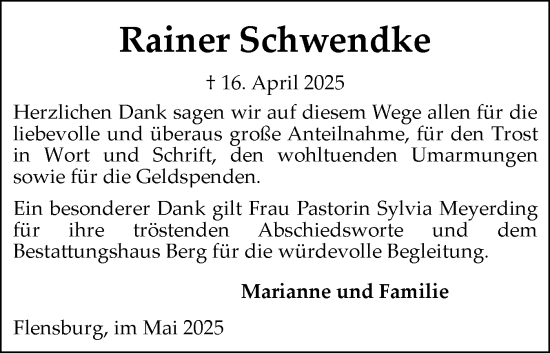 Traueranzeige von Rainer Schwendke von Flensburger Tageblatt