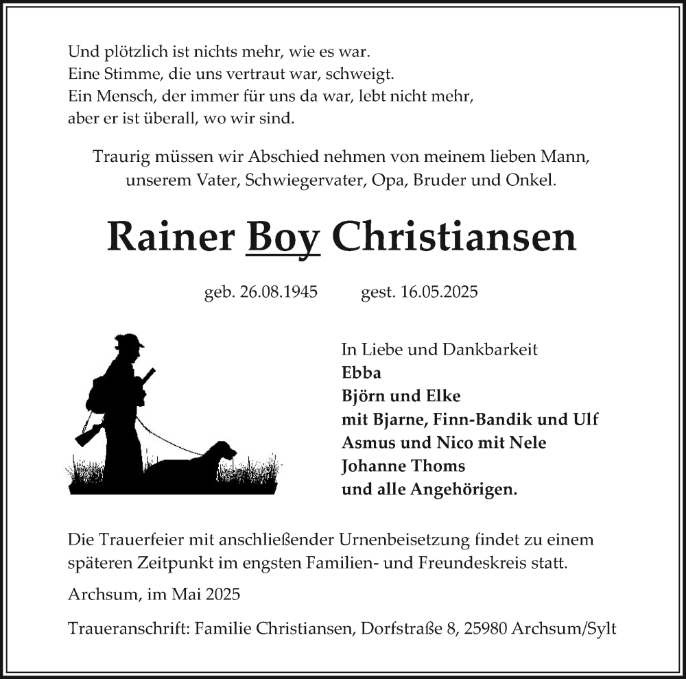  Traueranzeige für Rainer Boy Christiansen vom 21.05.2025 aus Sylter Rundschau