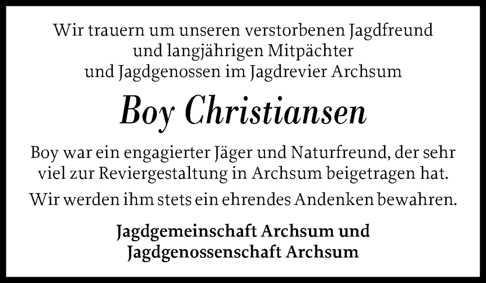  Traueranzeige für Rainer Boy Christiansen vom 21.05.2025 aus Sylter Rundschau
