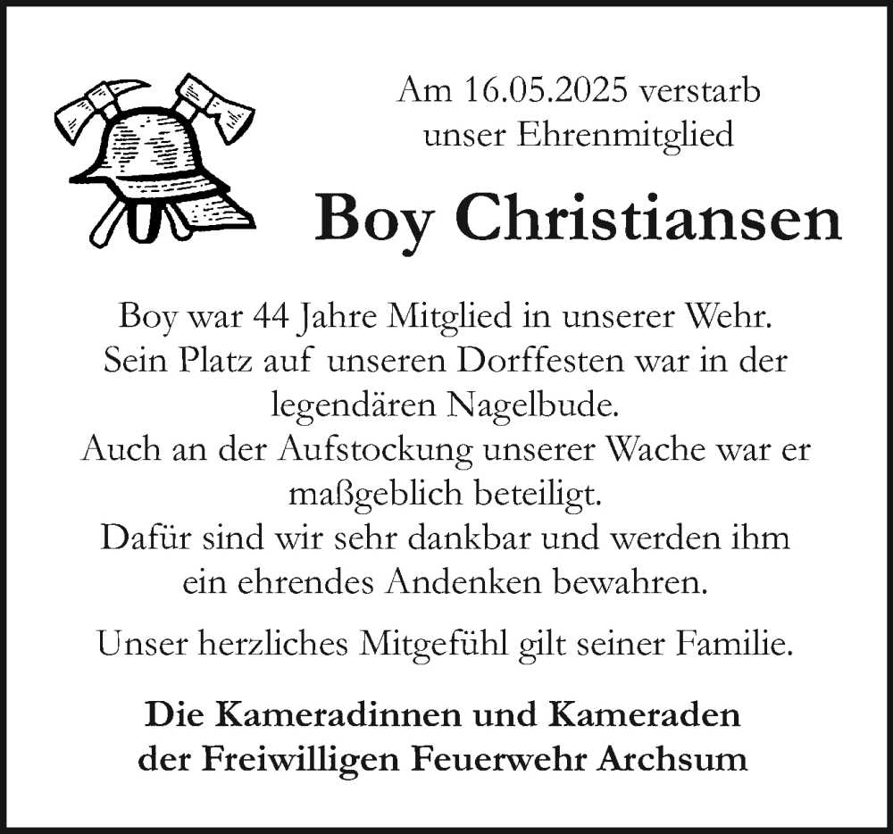  Traueranzeige für Rainer Boy Christiansen vom 21.05.2025 aus Sylter Rundschau