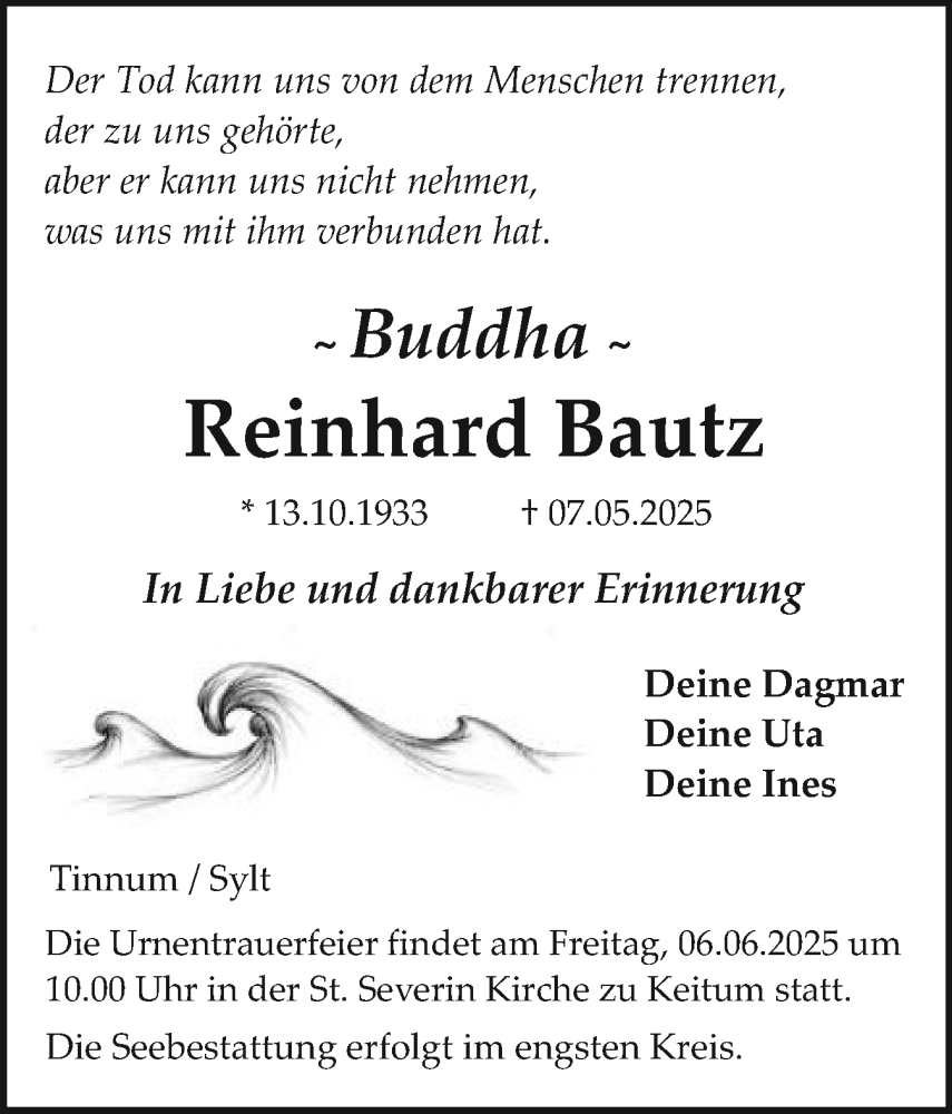  Traueranzeige für Reinhard Bautz vom 28.05.2025 aus Sylter Rundschau