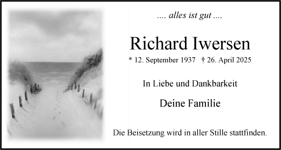 Traueranzeige von Richard Iwersen von Uetersener Nachrichten, Der tip am Wochenende