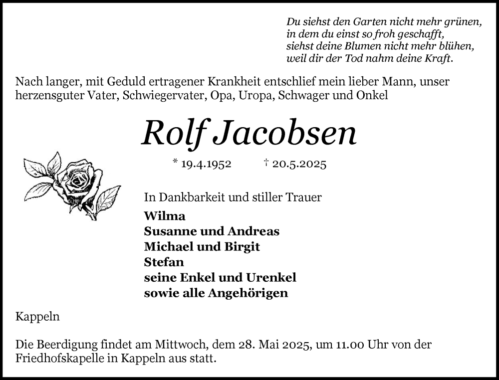  Traueranzeige für Rolf Jacobsen vom 24.05.2025 aus Schleswiger Nachrichten, Schlei-Bote