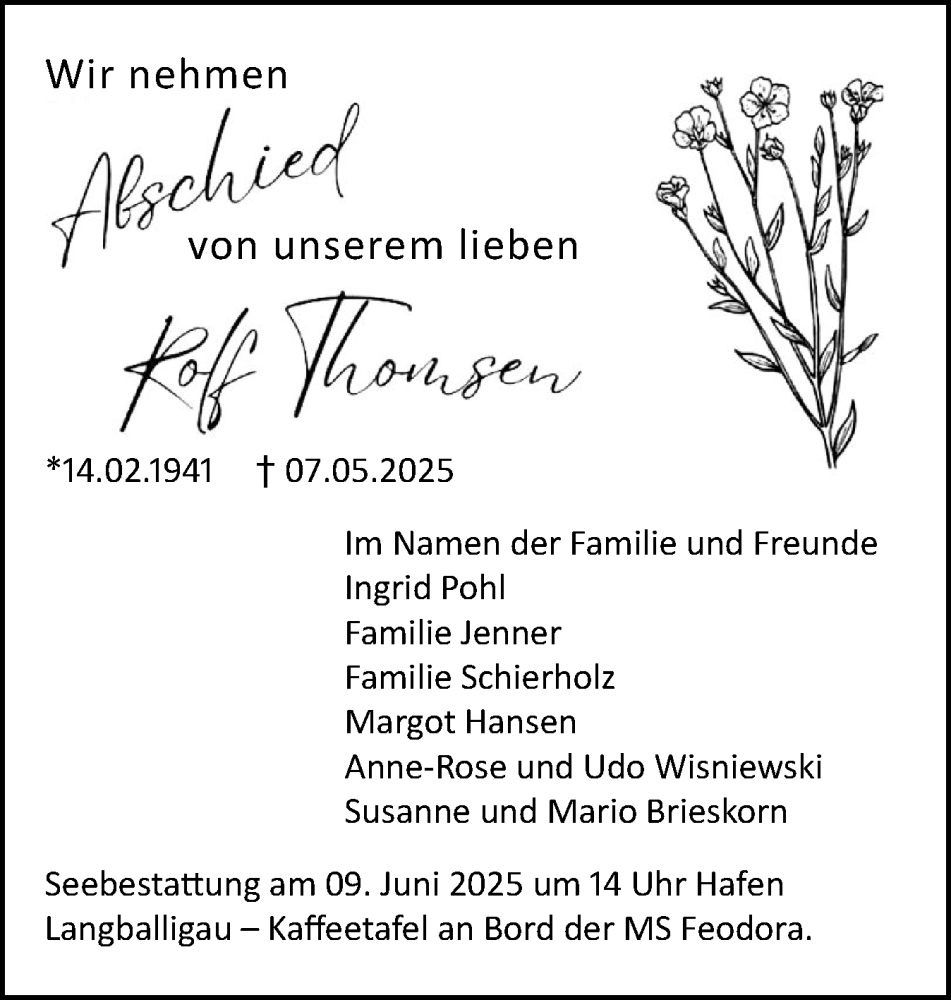  Traueranzeige für Rolf Thomsen vom 24.05.2025 aus Flensburger Tageblatt