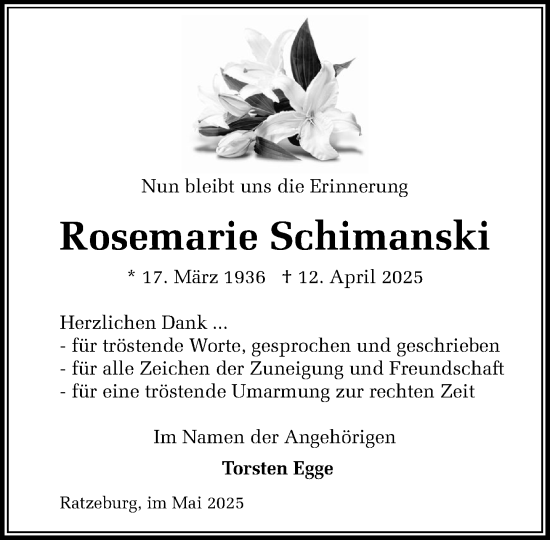 Traueranzeige von Rosemarie Schimanski von MARKT Ratzeburg/Mölln