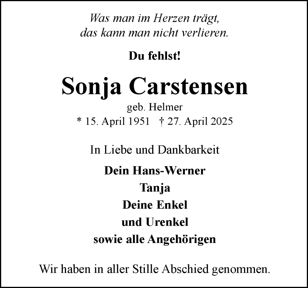  Traueranzeige für Sonja Carstensen vom 17.05.2025 aus Flensburger Tageblatt