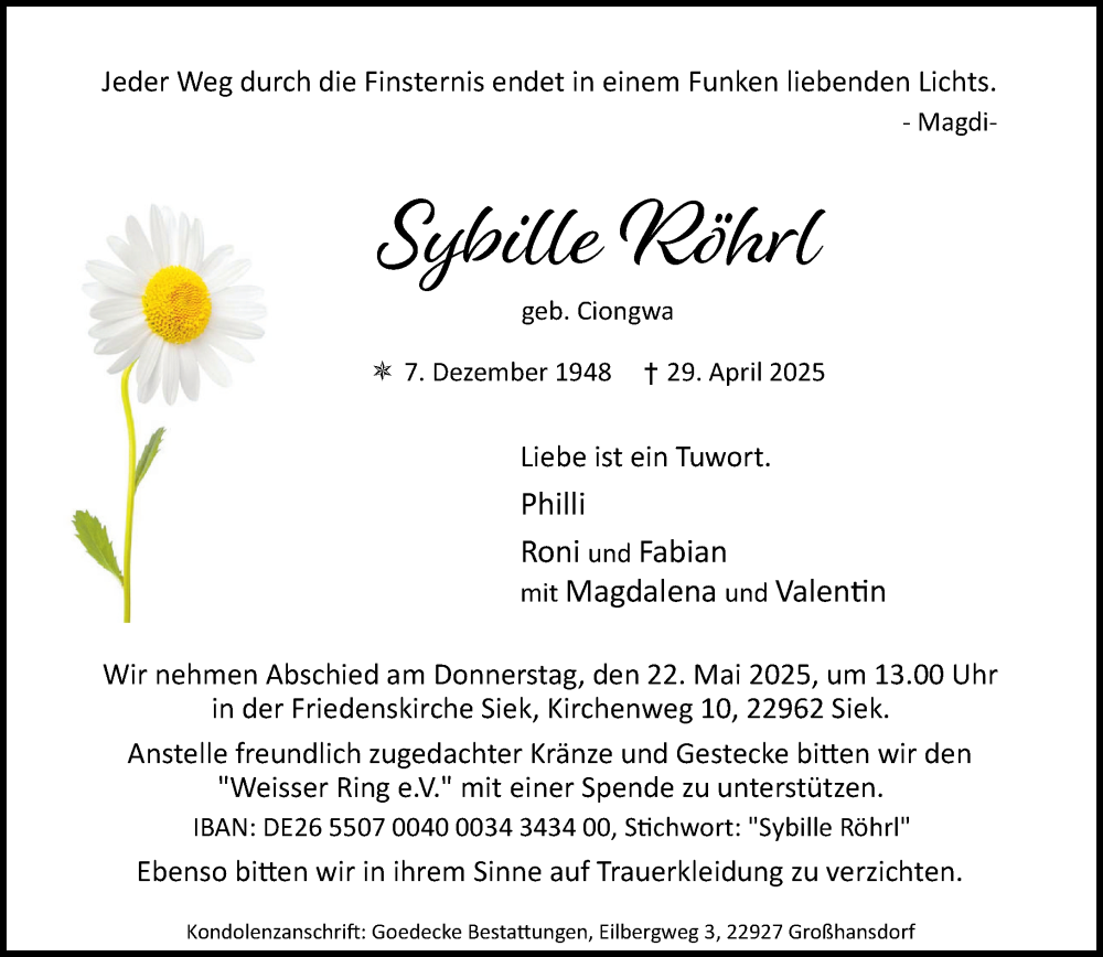  Traueranzeige für Sybille Röhrl vom 17.05.2025 aus MARKT Ahrensburg/Bargteheide/Trittau und Stormarner Tageblatt