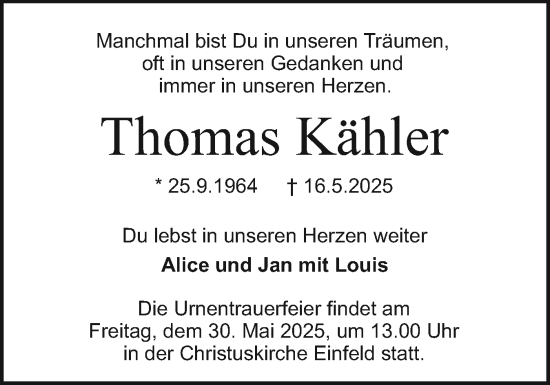 Traueranzeige von Thomas Kähler von Holsteinischer Courier