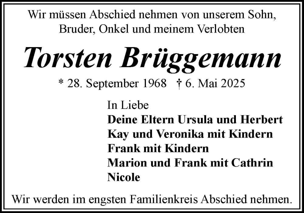  Traueranzeige für Torsten Brüggemann vom 17.05.2025 aus Flensburger Tageblatt