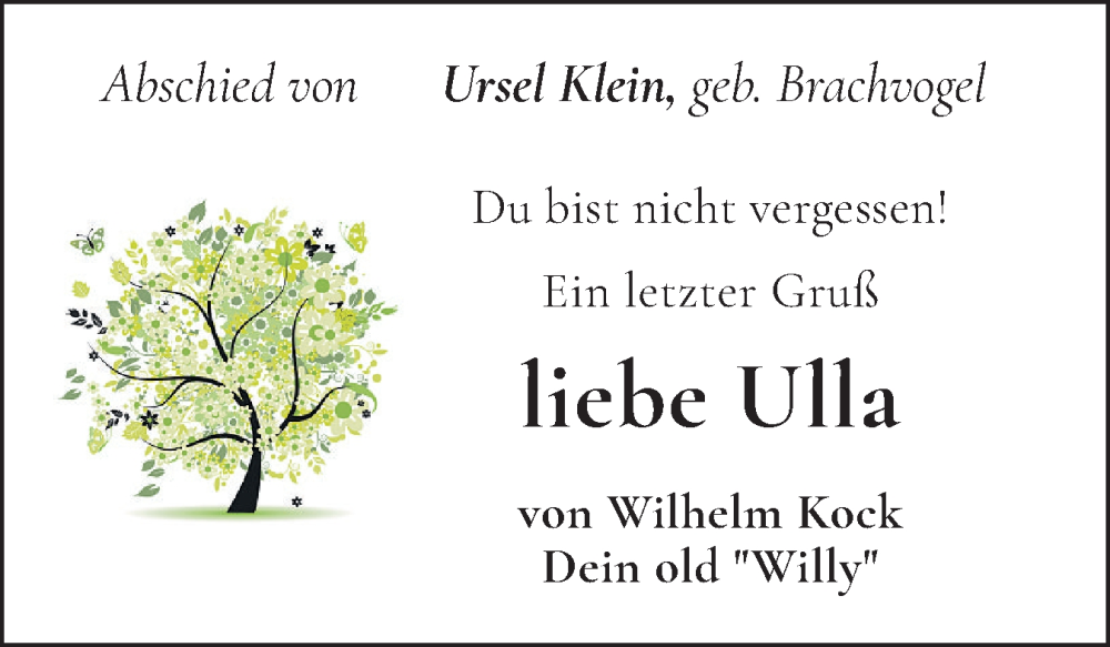  Traueranzeige für Ursel Klein vom 24.05.2025 aus Wedel-Schulauer Tageblatt, tip Wedel-Schulauer Tageblatt, tip Rissener Rundschau