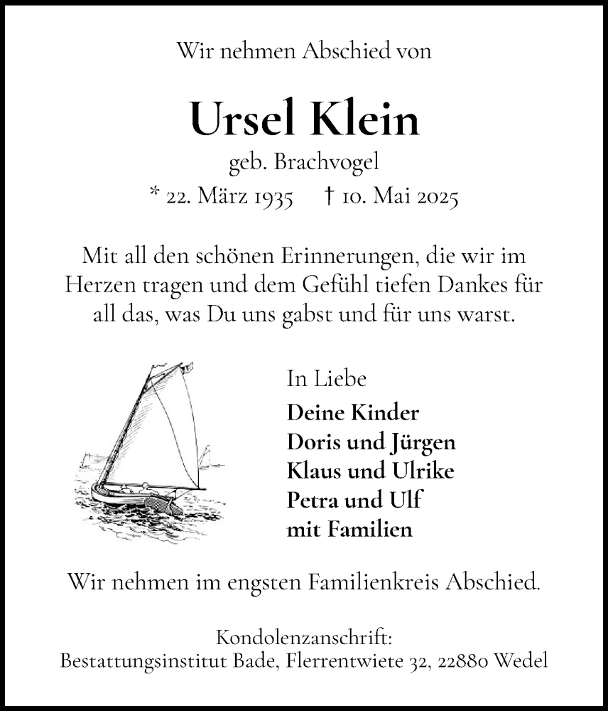  Traueranzeige für Ursel Klein vom 17.05.2025 aus Wedel-Schulauer Tageblatt, tip Wedel-Schulauer Tageblatt, tip Rissener Rundschau