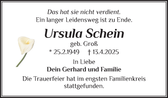 Traueranzeige von Ursula Schein von Elmshorner Nachrichten, Barmstedter Zeitung