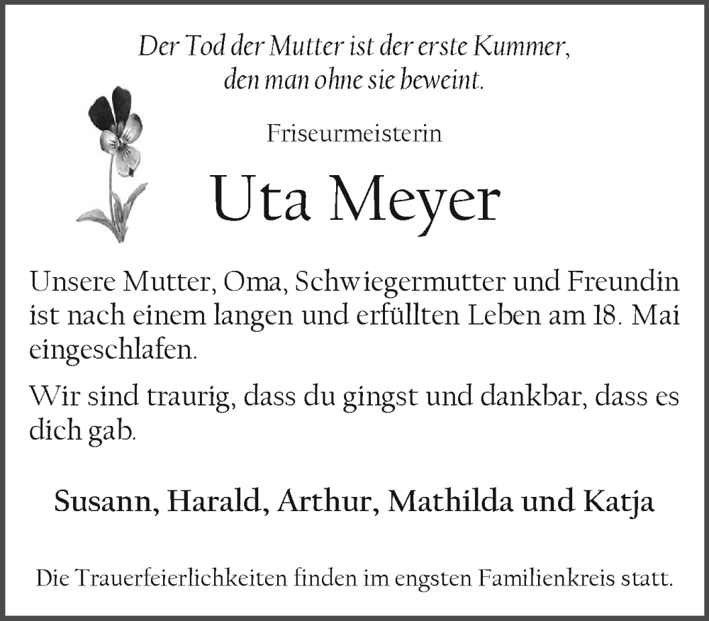  Traueranzeige für Uta Meyer vom 24.05.2025 aus Flensburger Tageblatt