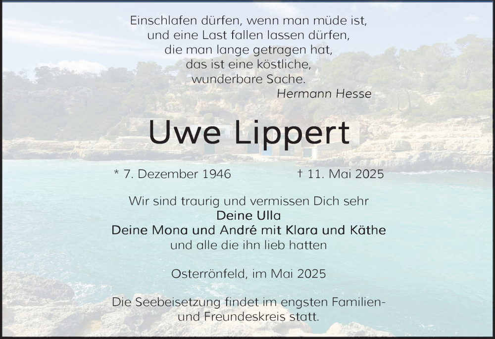  Traueranzeige für Uwe Lippert vom 17.05.2025 aus Schleswig-Holsteinische Landeszeitung