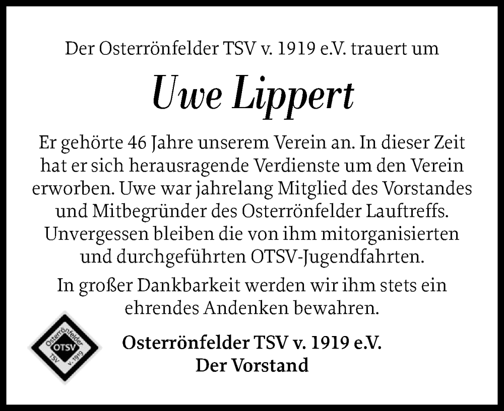  Traueranzeige für Uwe Lippert vom 24.05.2025 aus Schleswig-Holsteinische Landeszeitung
