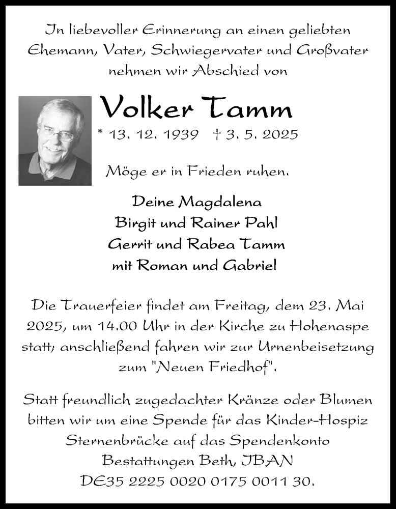  Traueranzeige für Volker Tamm vom 17.05.2025 aus Norddeutsche Rundschau, Wilstersche Zeitung, Glückstädter Fortuna