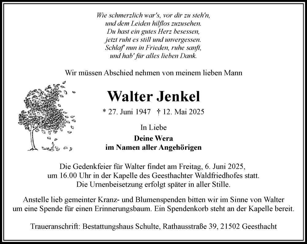 Traueranzeige für Walter Jenkel vom 24.05.2025