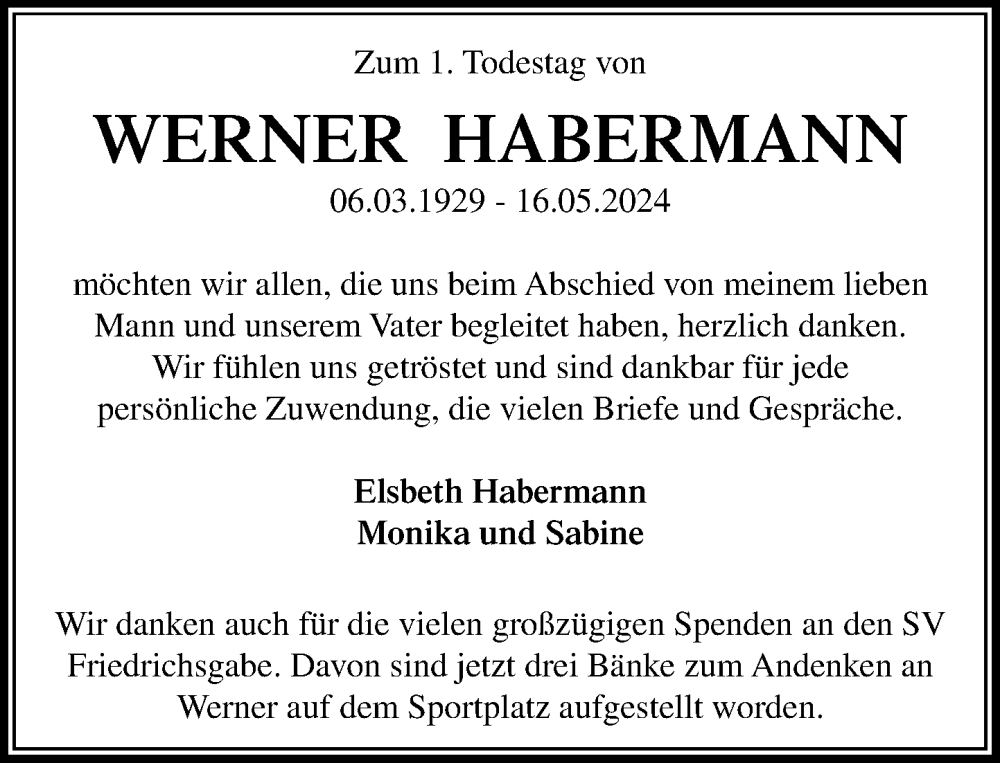  Traueranzeige für Werner Habermann vom 17.05.2025 aus Heimatspiegel