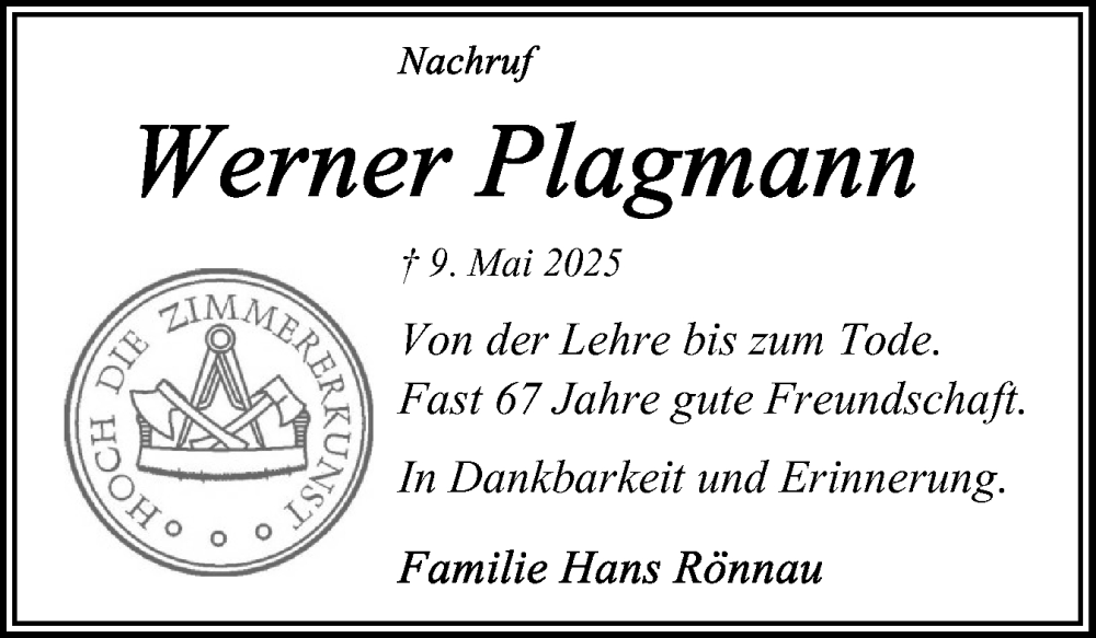  Traueranzeige für Werner Plagmann vom 23.05.2025 aus Schleswig-Holsteinische Landeszeitung