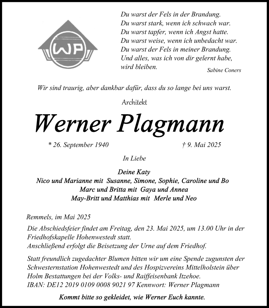  Traueranzeige für Werner Plagmann vom 17.05.2025 aus Schleswig-Holsteinische Landeszeitung