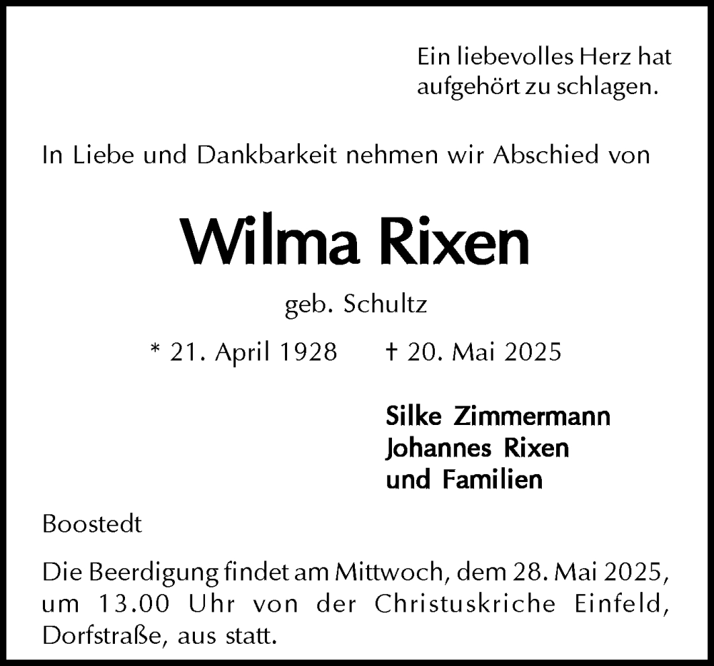  Traueranzeige für Wilma Rixen vom 24.05.2025 aus Holsteinischer Courier