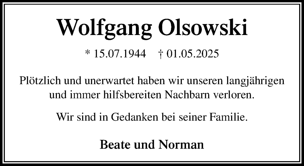  Traueranzeige für Wolfgang Olsowski vom 17.05.2025 aus MARKT Ratzeburg/Mölln