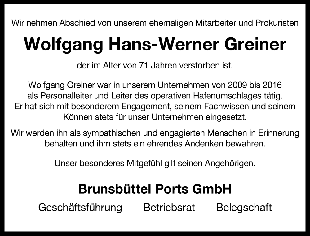  Traueranzeige für Wolfgang Hans-Werner Greiner vom 09.05.2025 aus Norddeutsche Rundschau, Wilstersche Zeitung, Glückstädter Fortuna