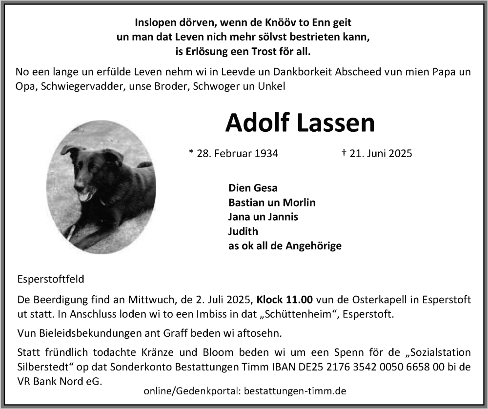  Traueranzeige für Adolf Lassen vom 28.06.2025 aus Flensburger Tageblatt, Schleswiger Nachrichten, Schlei-Bote