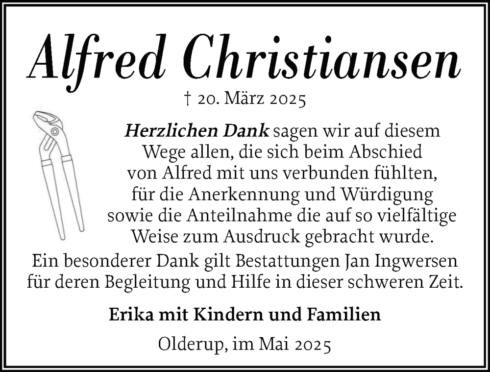  Traueranzeige für Alfred Christiansen vom 31.05.2025 aus Husumer Nachrichten, Nordfriesland Tageblatt