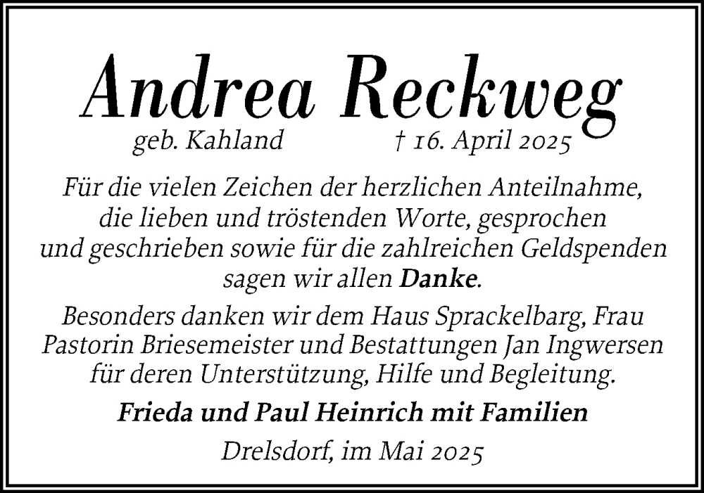  Traueranzeige für Andrea Reckweg vom 31.05.2025 aus Husumer Nachrichten, Nordfriesland Tageblatt