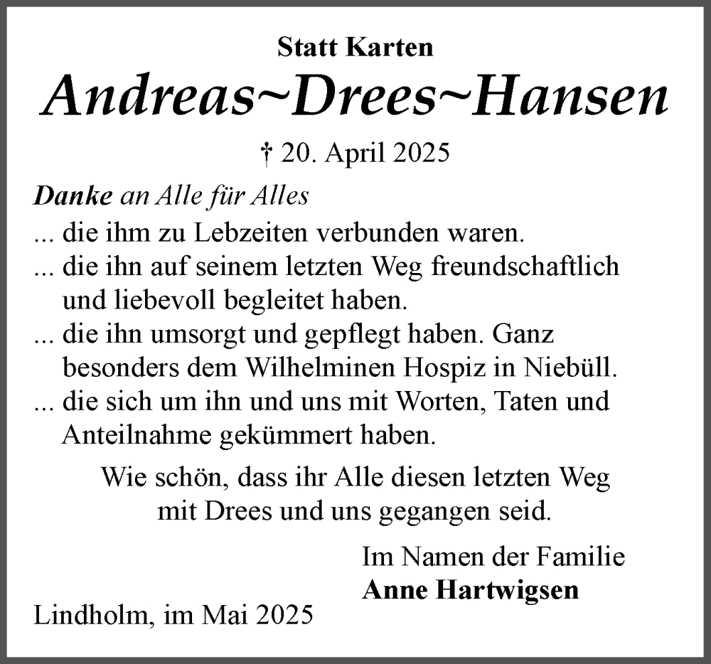  Traueranzeige für Andreas  Hansen vom 31.05.2025 aus Husumer Nachrichten, Nordfriesland Tageblatt