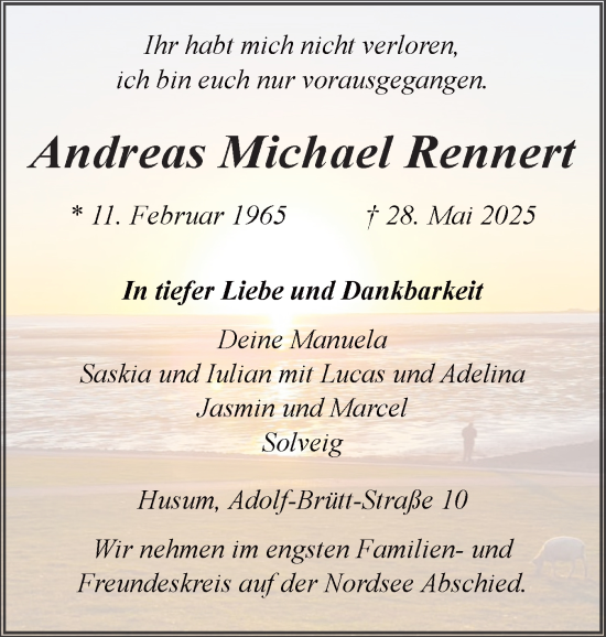 Traueranzeige von Andreas Michael Rennert von Husumer Nachrichten, Nordfriesland Tageblatt