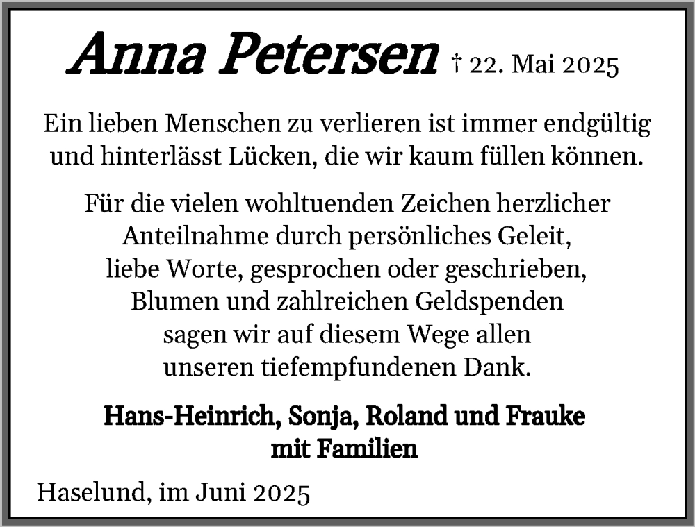  Traueranzeige für Anna Petersen vom 25.06.2025 aus Husumer Nachrichten, Nordfriesland Tageblatt