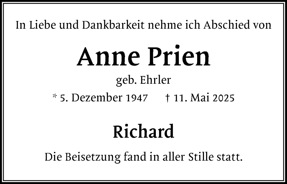  Traueranzeige für Anne Prien vom 31.05.2025 aus Holsteinischer Courier