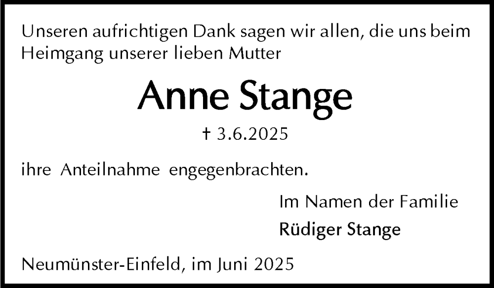  Traueranzeige für Anne Stange vom 28.06.2025 aus Holsteinischer Courier
