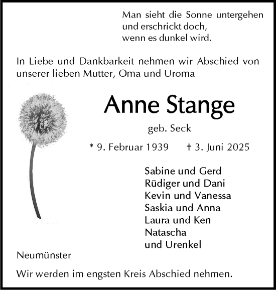 Traueranzeige von Anne Stange von Holsteinischer Courier