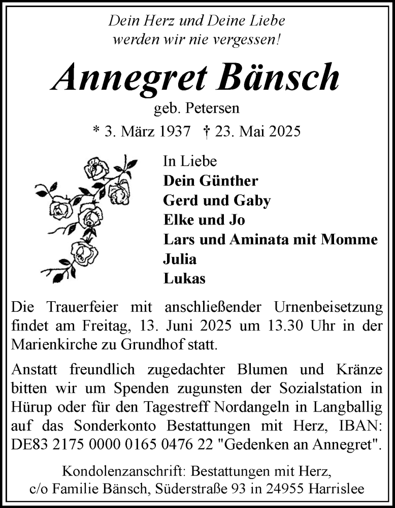  Traueranzeige für Annegret Bänsch vom 31.05.2025 aus Flensburger Tageblatt