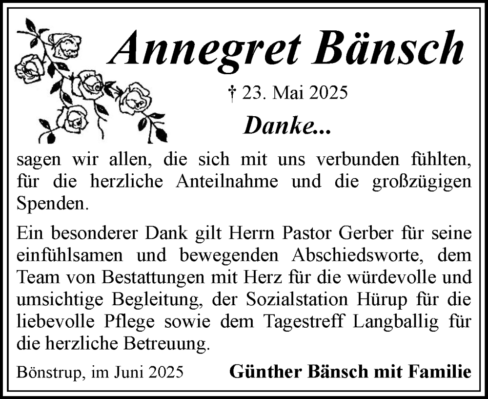  Traueranzeige für Annegret Bänsch vom 28.06.2025 aus Flensburger Tageblatt