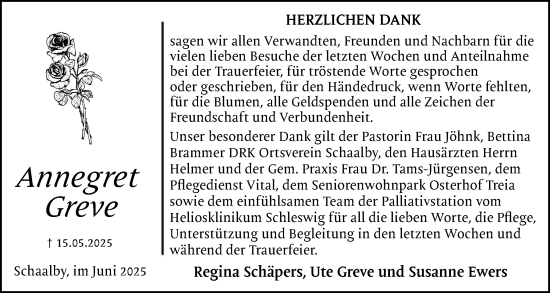 Traueranzeige von Annegret Greve von Schleswiger Nachrichten, Schlei-Bote