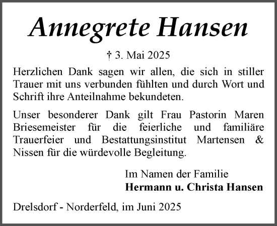 Traueranzeige von Annegrete Hansen von Husumer Nachrichten, Nordfriesland Tageblatt