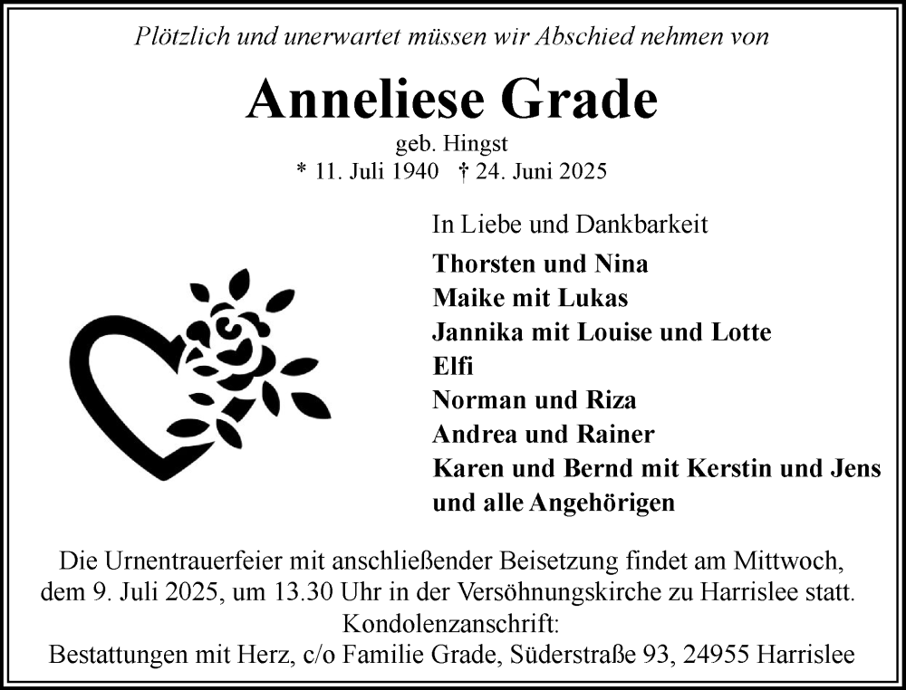  Traueranzeige für Anneliese Grade vom 28.06.2025 aus Flensburger Tageblatt
