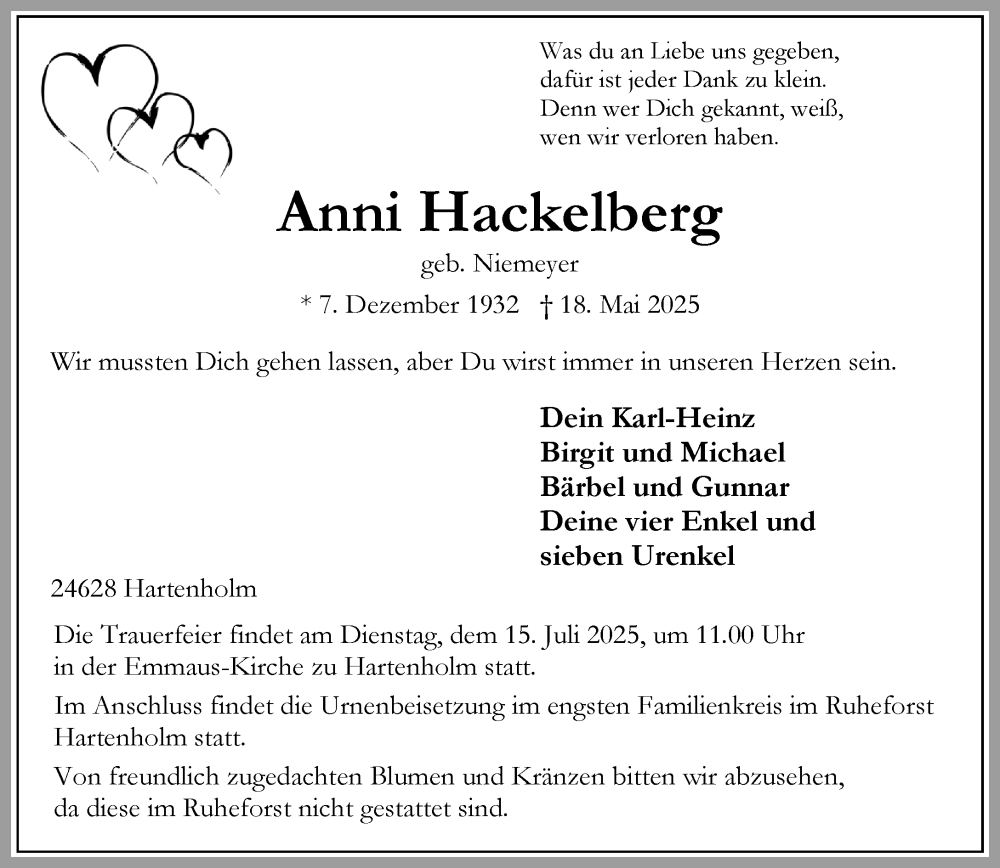  Traueranzeige für Anni Hackelberg vom 28.06.2025 aus Umschau