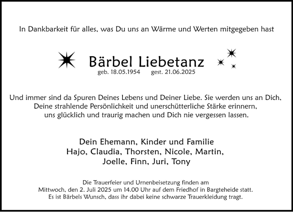  Traueranzeige für Bärbel Liebetanz vom 28.06.2025 aus MARKT Ahrensburg/Bargteheide/Trittau und Stormarner Tageblatt