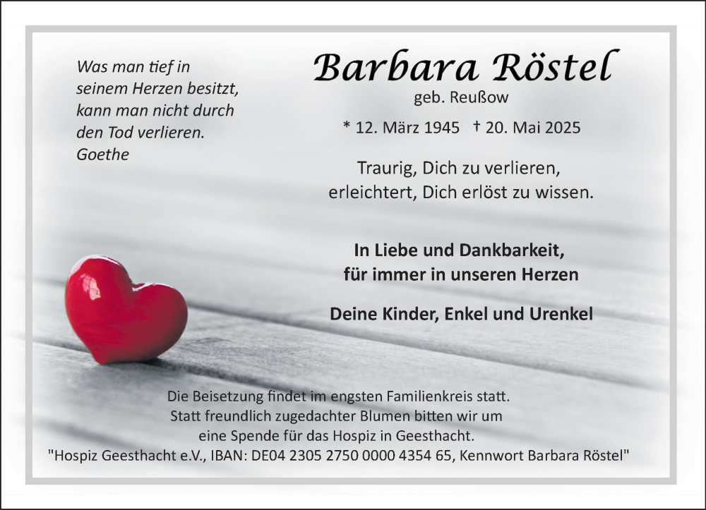  Traueranzeige für Barbara Röstel vom 31.05.2025 aus Wochenend Anzeiger