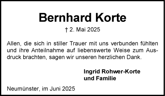 Traueranzeige von Bernhard Korte von Holsteinischer Courier